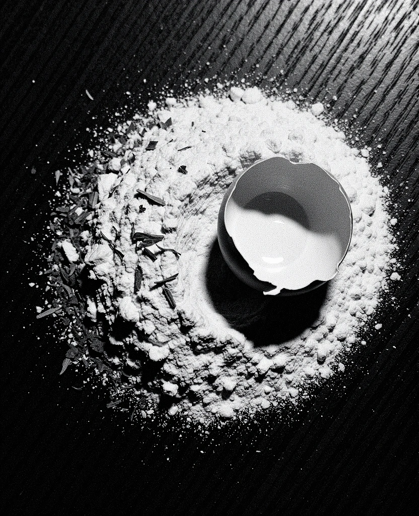 Macro nahaufnahme mehl und eierschale